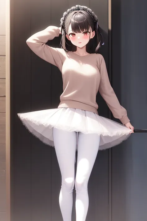 masterpiece, best_quality, 1girl, solo, tutu, standing, sweater, jeans,