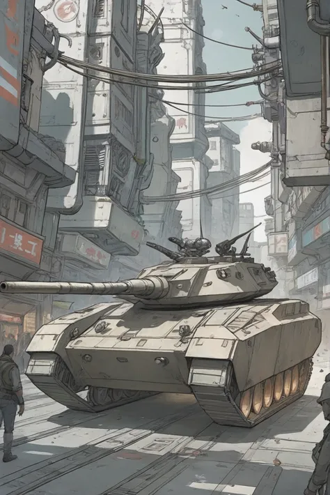 comics style ink and wash, sharp outlines, A vast, armored, futuristic battle tank with an energy shield generator on a busy city street<lora:EnvyStarlightComics04x:1>