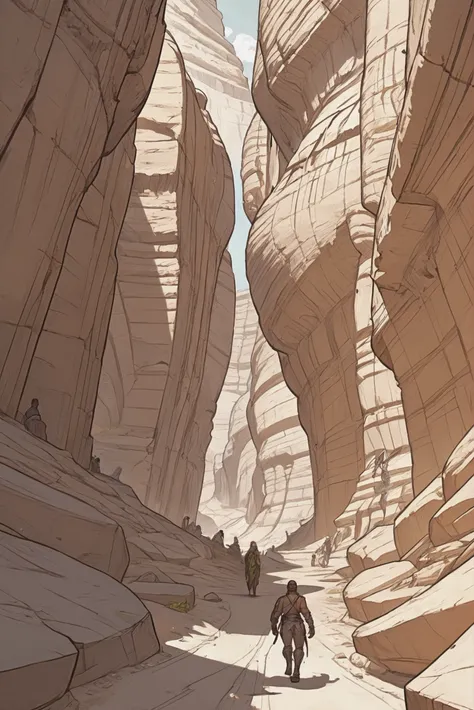 there is a man walking through a narrow canyon in the desert