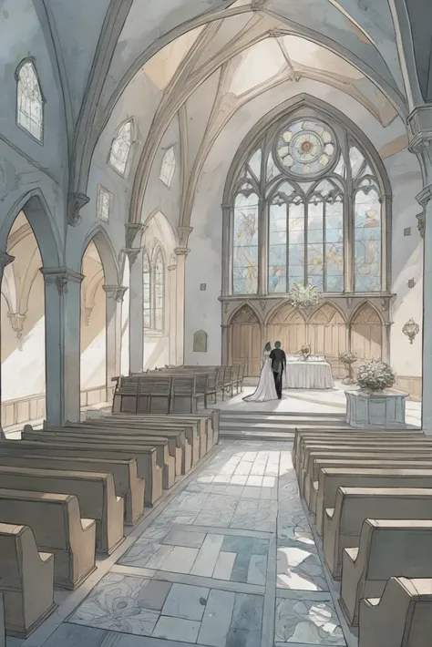 anime scene of a man and woman standing in a church