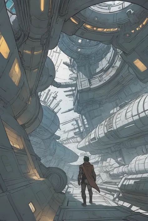 a man walking through a futuristic looking space station with a giant clock