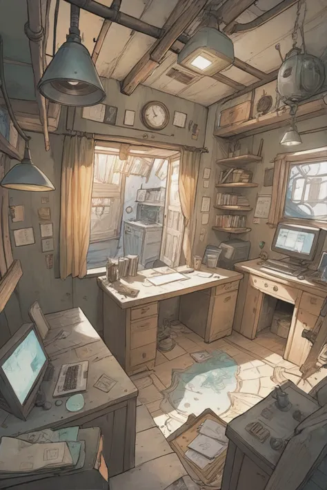 there is a drawing of a room with a desk and a computer