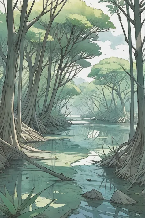 there is a painting of a river running through a forest