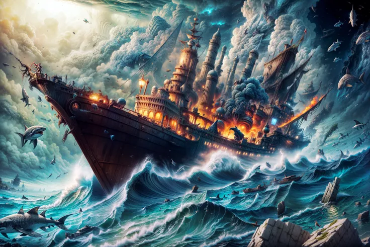 masterpiece, best quality landscape, dark abyss, intricate details, sharp focus, 16k, professional illustration, sinking ship, debris, fishes, sharks, hurricane, whirlpool, fantasy, (full view) <lora:add_detail:0.5> <lora:more_details:0.5>