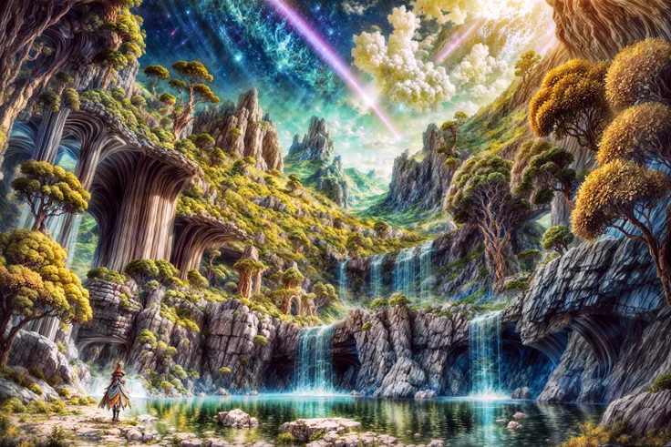 masterpiece, best quality, intricate details, professional illustration, dramatic lighting, sharp focus, 16k, luminous tall flowers, magical glowing orange forest, waterfall, glistening stream, fantasy, starry night, dusty light rays, lit mountains in back...