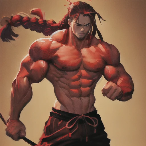 (((masterpiece))) manga style, anime style, background white and red, samurai, pumped brutal charismatic broad shoulders, long h...