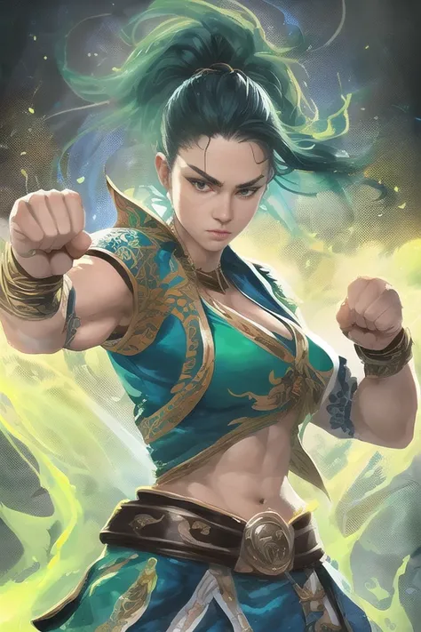 portrait of a muscular female half-dragon pugilist,  raised fists, blue and green color scheme, full body, very detailed, photor...