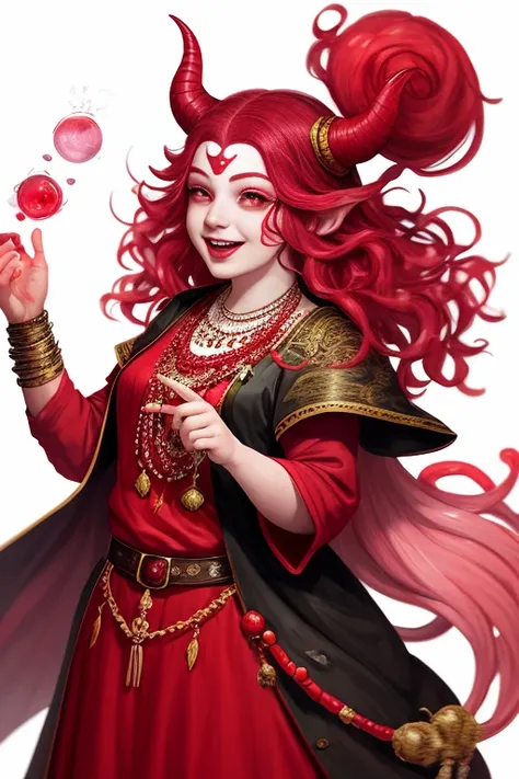 portrait of a tiefling woman sorcerer, (fat:0.6), pink skin, red and white peasant dress, full body, medium wavy hair, red eyes,...