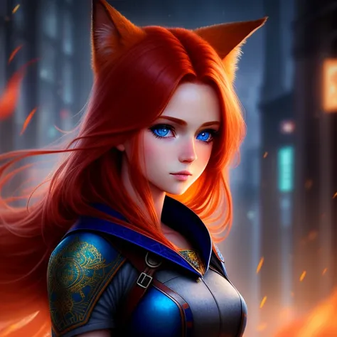 a redhead fox-girl with blue eyes, ((((cinematic look)))), soothing tones, insane details, intricate details, hyperdetailed, low...