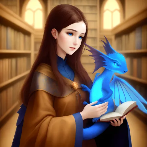 adult female mage in brown robes, holding hugging ((small)) [[glowing]] adorable playful blue winged dragon, in the library,high...