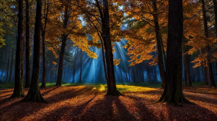 majestic,spectacular (hdr photo)  of a picturesque nature of a
sun rays through trees in the darkness in
autumn  at night moonli...