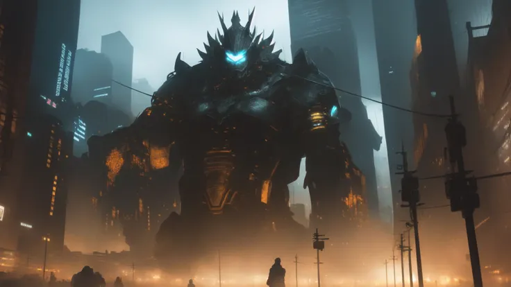 a large and ominous pale face hovers in the air over a cyberpunk cityscape on the horizon below, chromatic aberration, depth of field, soft lighting, masterpiece, best quality, intricate, tone mapped, highly detailed, artstation, concept art, smooth, sharp...