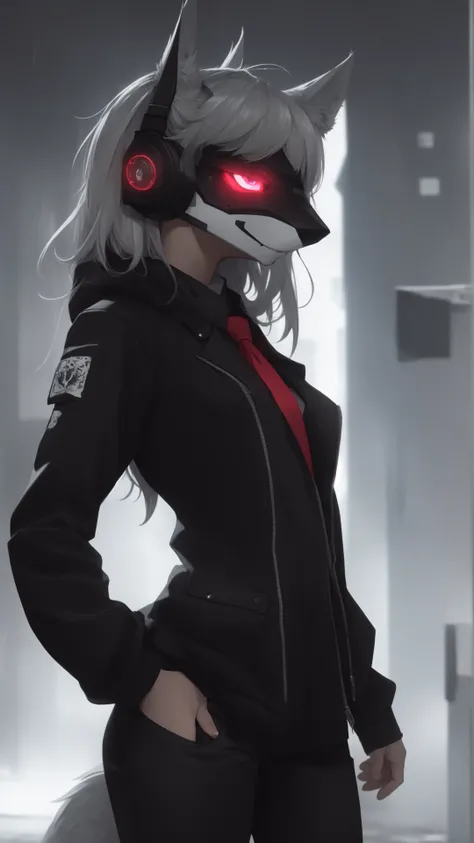 anthro, wolf girl, (protogen:1.1), mechanical parts, whiskers, A highly detailed portrait of a solo 1girl standing on a street corner, during a rainstorm with lightning strikes and a cloudy sky, neon and cyberpunk background, she is wearing punk clothes wi...