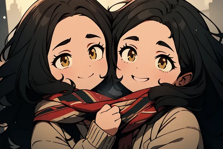 anime image of two young women hugging each other in front of a city