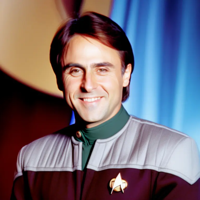 sdn, a head and shoulders portrait of young carl sagan, human, wearing starfleet (sciences) [jade green:0.1] uniform, inside, (viewport) background, sharp focus