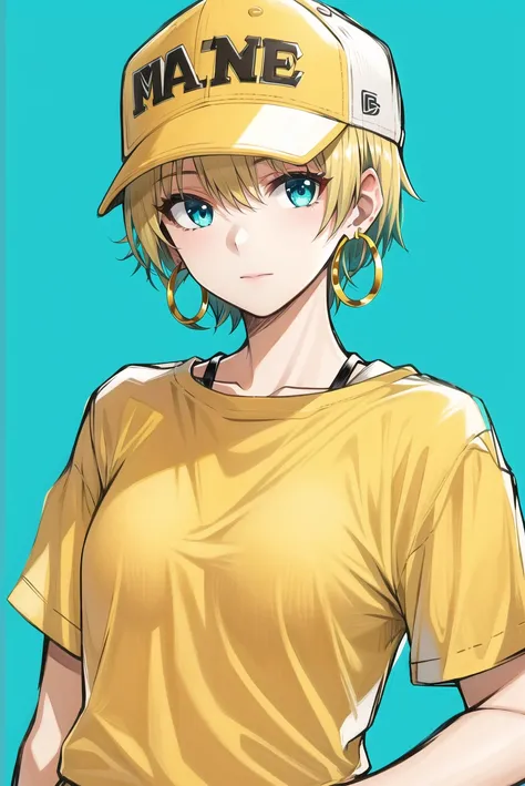 saitou masatsugu, masterpiece, best quality, 1girl, aqua eyes, baseball cap, blonde hair, closed mouth, earrings, green background, hat, hoop earrings, jewelry, looking at viewer, shirt, short hair, simple background, solo, upper body, yellow shirt <lora:s...