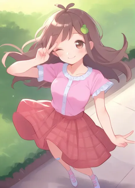 anime girl in a pink dress walking down a sidewalk