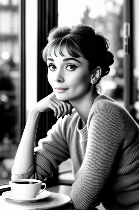 30 year old audrey hepburn sitting at a cafe in copenhagen ,(medium shot photo:1.8) ,nostalgia, high detail professional photogr...