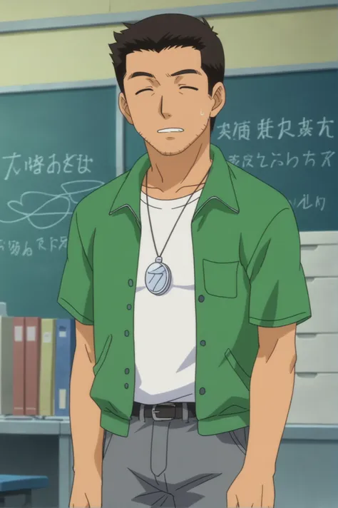 a man in a green shirt standing in front of a blackboard