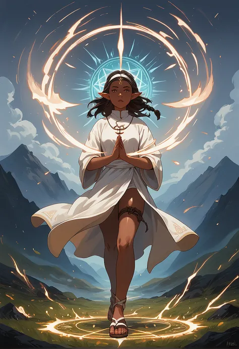(score_9, score_8_up, score_7_up, detailed). rating_safe.  (very_dark_skin), elf, braid, freckles, priestess, robe, sandals, thigh_strap.  elemental, wind_spell, air_magic, runes, casting, summoning, meditative_chamber, training, storm, mountaintop.  (afro...