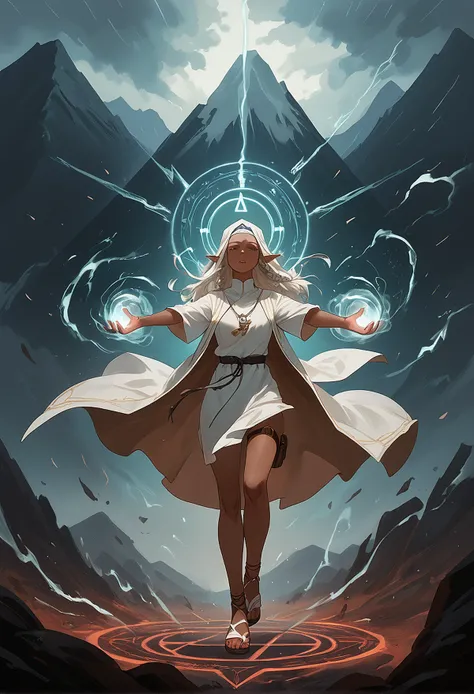 (score_9, score_8_up, score_7_up, detailed). rating_safe.  (very_dark_skin), elf, braid, freckles, priestess, robe, sandals, thigh_strap.  elemental, wind_spell, air_magic, runes, casting, summoning, meditative_chamber, training, storm, mountaintop.  (afro...