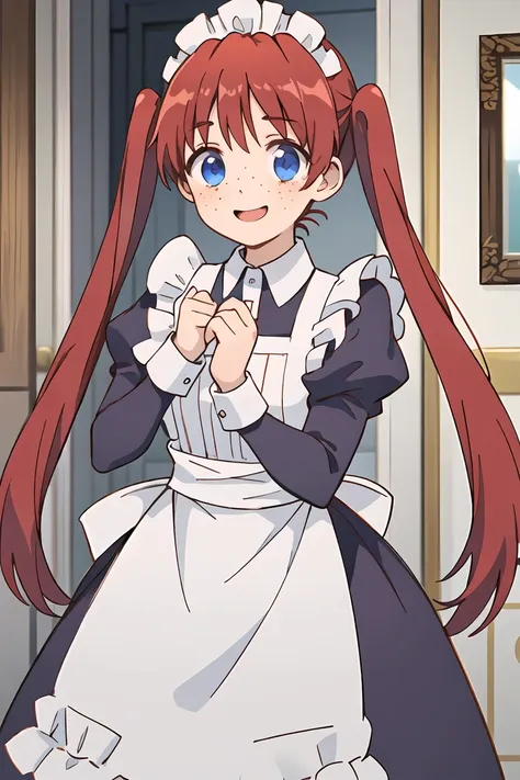 a close up of a woman in a maid outfit holding a knife