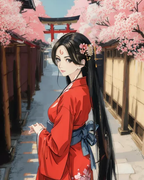 anime,(masterpiece:1.2), 1lady, long hair,cherry blossoms, torii, yukata, stone steps, sky,facing viewer, (sepia:0.3),