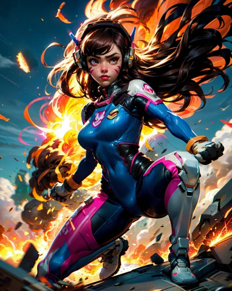 (medium shot), photo of 1d.va (overwatch), solo,
brown long hair, swept bangs, headphones, brown eyes, whisker markings, facial mark, facepaint,  pink lips ,
sad,
pilot suit, skin tight, ribbed bodysuit,
gloves, huge breasts, white gloves, bunny print,
(fi...