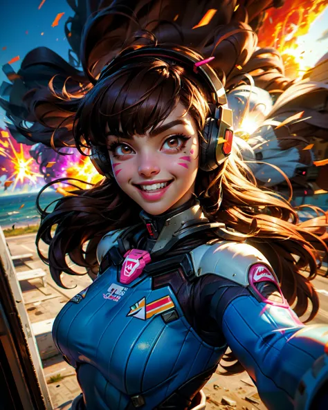 (medium shot), photo of 1d.va (overwatch), solo,
brown long hair, swept bangs, headphones, brown eyes, whisker markings, facial mark, facepaint,  pink lips ,
(big smile),
pilot suit, skin tight, ribbed bodysuit,
gloves, huge breasts, white gloves, bunny pr...