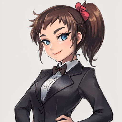 1girl  solo, upper body, contrapposto, hands_on_hips, short straight hair,  <lyco:wotori:0.78>,   wearing tuxedo, bow tie, sidelock, side_ponytail, sly seductive smile,