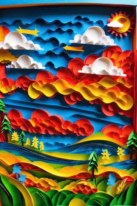 a close up of a painting of a landscape with trees and clouds