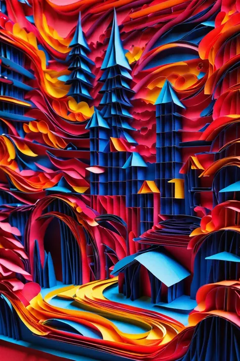 a close up of a colorful paper cut of a castle