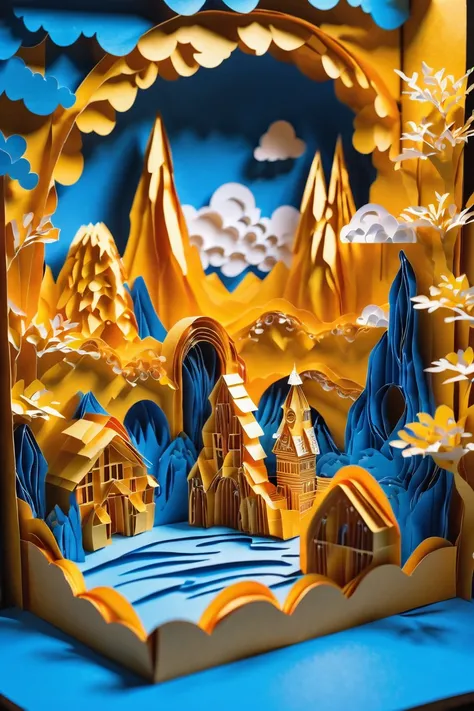 a paper cut of a scenic scene with a mountain and a river