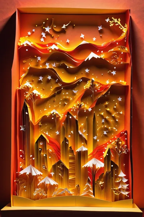 a paper cut of a mountain scene with a red sky