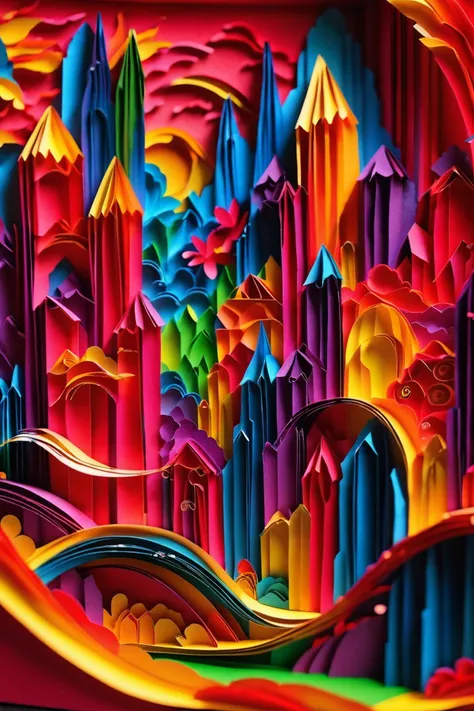 a close up of a colorful paper cut of a mountain