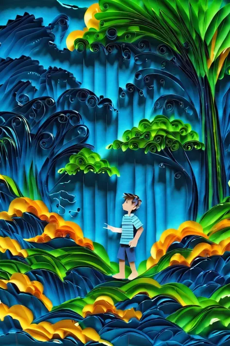 a close up of a paper cut of a boy standing in a forest