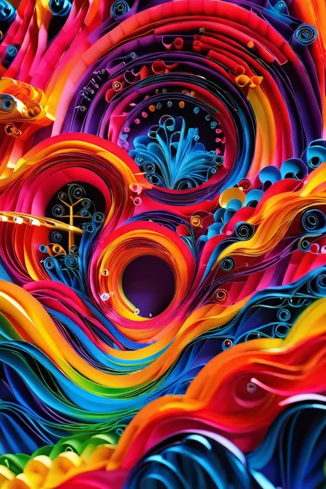 a close up of a colorful paper art with a clock