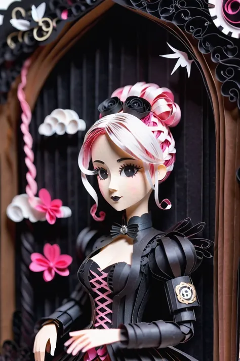 paper strip diorama, steampunk, <lora:EnvySendNoodzXL01:-0.5>1girl, woman, (foggy Victorian Goth:1.3) cute angel, [:intricate costume design,:0.2], bombshell hair, white hair with pink highlights, Tri-Braided Bun, average figure, korean<lora:EnvyBetterHire...