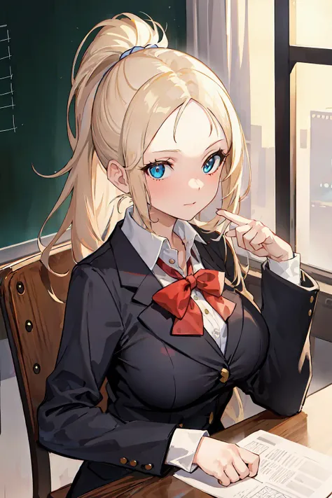 (masterpiece:1.2, best quality), 1lady, school uniform, in school, big tits, platinum blonde, (forehead), ponytail, sit on chair, upper body