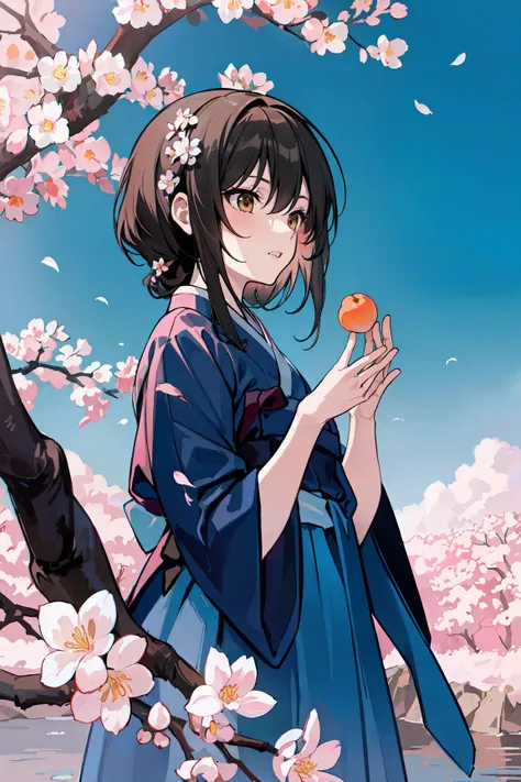 (masterpiece:1.2, best quality), 1lady, solo, <lora:Hanbok_LoRA_V2:0.5>, hanbok, korean traditional clothes, (apricot blossom:1.1), Fluttering flowers, black hair, (sky, river, cliff), upper body, (top view)