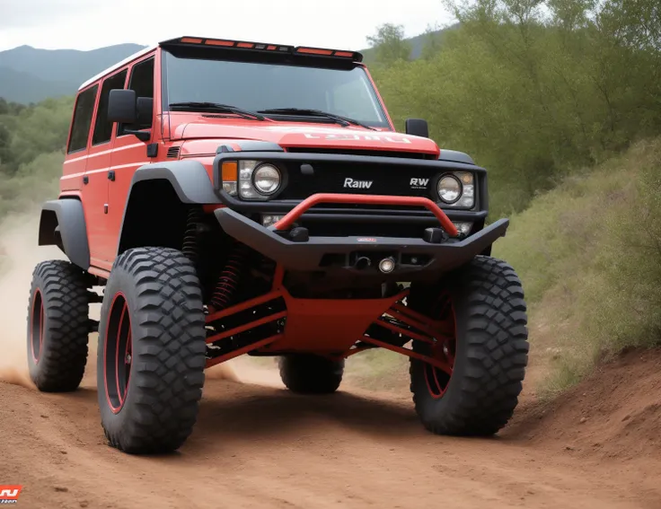 RAW photo, a photo of brutal offroad car, detailed decals, heavy offroad tuning and customisation, big wheels, background is dirt, 8k uhd, dslr, soft lighting, high quality, film grain, Fujifilm XT3