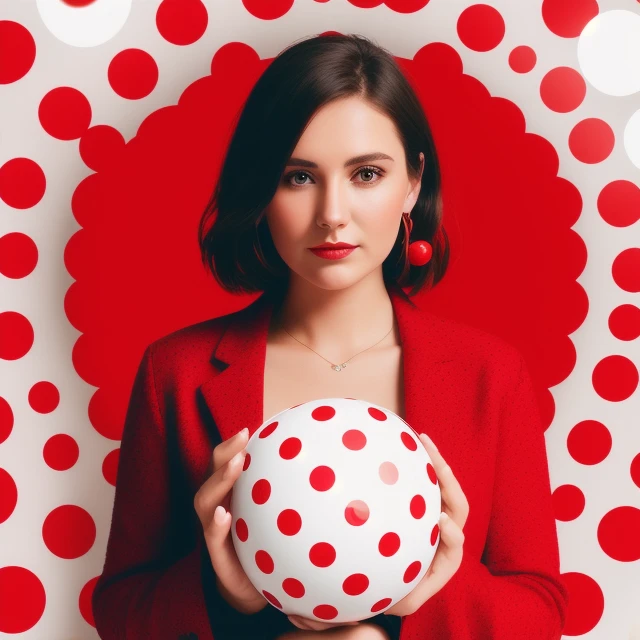 a woman standing in front of a red and white circle with white balls on it and a red and white polka dot pattern on the background, digital art, fashion, advertisment, swiss design, graphic design