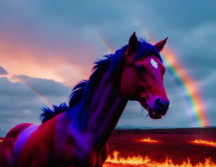 RAW photo, magical pony that casually brings literal (hell on earth, sadness, suffering:1.4), double rainbow, 8k uhd, dslr, soft lighting, high quality, film grain