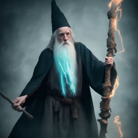 RAW photo, A wizened old wizard casts spells while wielding his staff, 8k uhd, dslr, soft lighting, high quality, film grain, anime