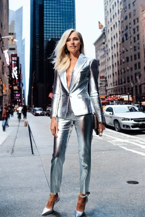 photorealistic, style, photography, beautiful standing blonde (((full body))) in in shiny silver suit in New York City, vertical aspect ratio