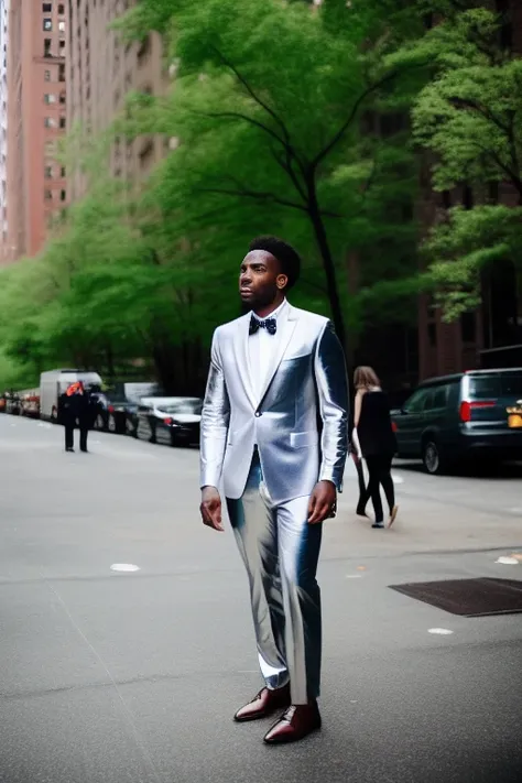 photorealistic, style, photography, beautiful standing man (((full body))) in in shiny silver suit in new york city, vertical as...