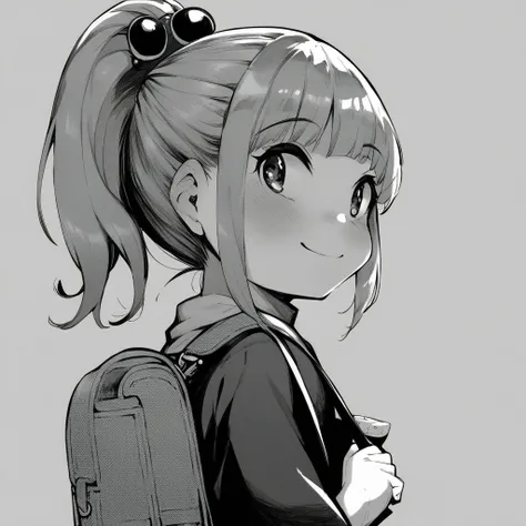 <lora:KyaradinPonyXL:1>
(best quality, score_9, score_7_up, ,:1.3), anime_source BREAK
Kyaradin, greyscale, monochrome,  backpack,  smile, randoseru, , bag, , blush, , long hair,  ponytail, hair ornament