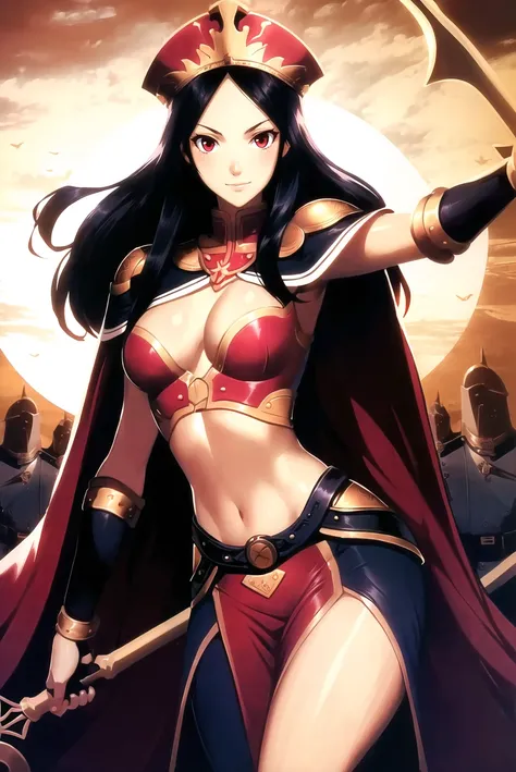 genzoman, masterpiece, best quality, 1girl, army, black hair, breasts, cape, cleavage, covered navel, upper body, hat, incan, jewelry, large breasts, long hair, outstretched arm, polearm, red cape, red eyes, shadow, side slit, sidelocks, silhouette, solo f...