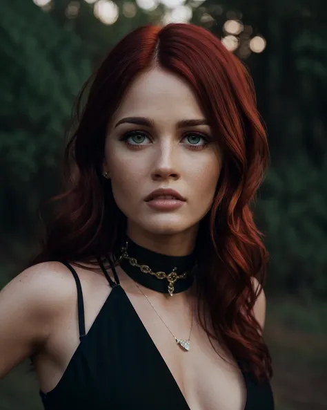 <lora:Robin_Tunney:.75> solo, cinematic, (realistic), ((red hair)), long hair, (black dress), choker, (small breasts), outdoors, (night), modelshoot style, 4k, high detail, RAW Photo, (atmospheric lighting), luscious lips, (eye makeup:1.1), (ultra-detailed...