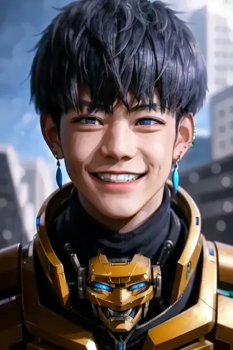 masterpiece, best quality, 1 boy, grin, dramatic lighting ,epic, cyborg, mecha, machinery, robot, weapon, earrings, <lora:dingzh...